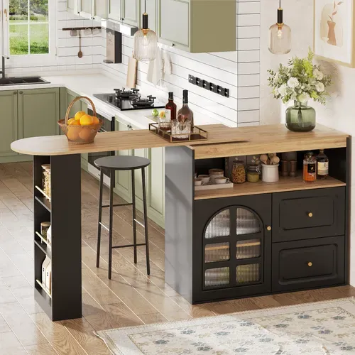 Comptoir De Bar Pivotant à 360°, Moderne, Avec 2 Tiroirs, Étagères Et Verre Courbé, Noir