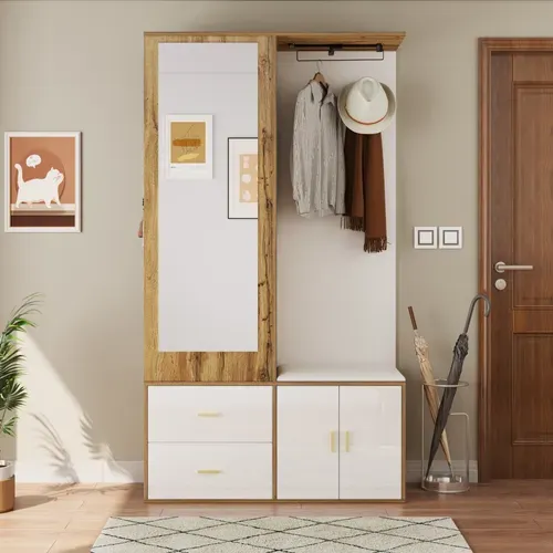 Ensemble D'entrée Blanc Et Bois Naturel Avec Miroir, Banc à Chaussures Et Rangement Multifonction