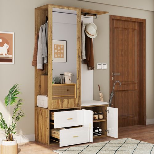 Ensemble D'entrée Blanc Et Bois Naturel Avec Miroir, Banc à Chaussures Et Rangement Multifonction