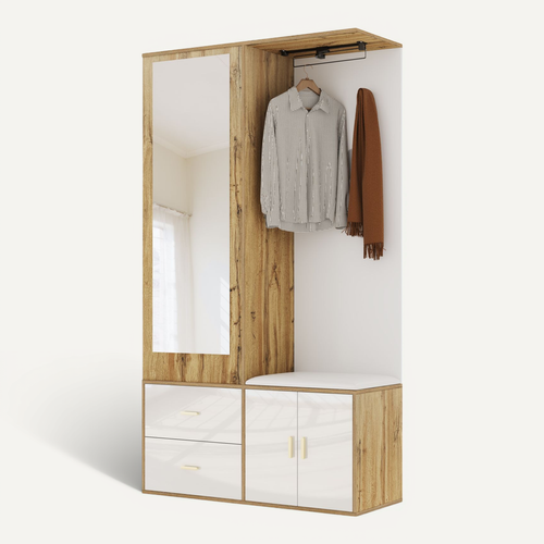 Ensemble D'entrée Blanc Et Bois Naturel Avec Miroir, Banc à Chaussures Et Rangement Multifonction