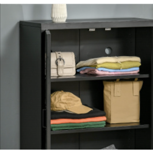 Buffet Métallique Noire 75 X 33 X 110 Cm, Portes Lamellées Ventilées Et 2 Étagères Réglables