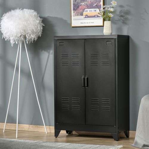 Buffet Métallique Noire 75 X 33 X 110 Cm, Portes Lamellées Ventilées Et 2 Étagères Réglables