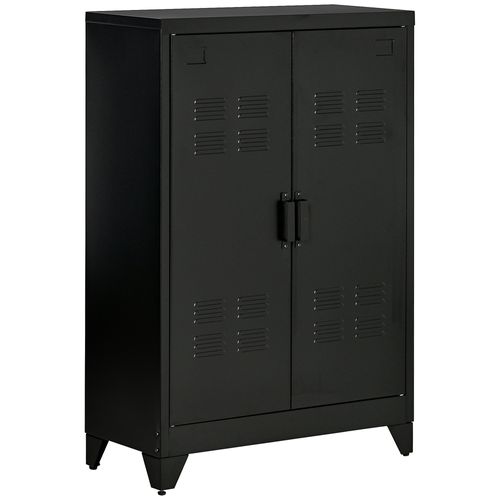 Buffet Métallique Noire 75 X 33 X 110 Cm, Portes Lamellées Ventilées Et 2 Étagères Réglables