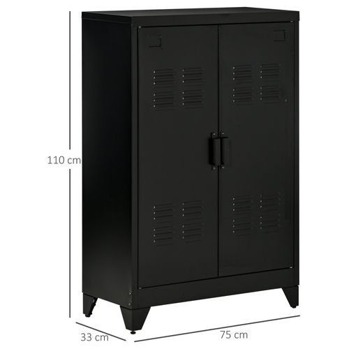 Buffet Métallique Noire 75 X 33 X 110 Cm, Portes Lamellées Ventilées Et 2 Étagères Réglables