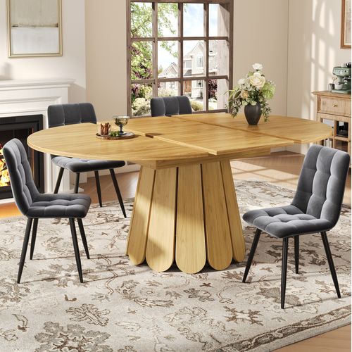 Table à Manger Ronde Extensible 118→158 Cm En Mdf, Finition Bois Naturel Vintage, 6 Places