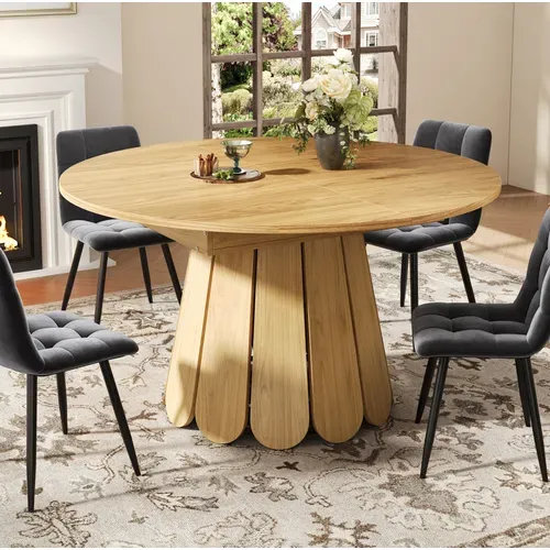Table à Manger Ronde Extensible 118→158 Cm En Mdf, Finition Bois Naturel Vintage, 6 Places