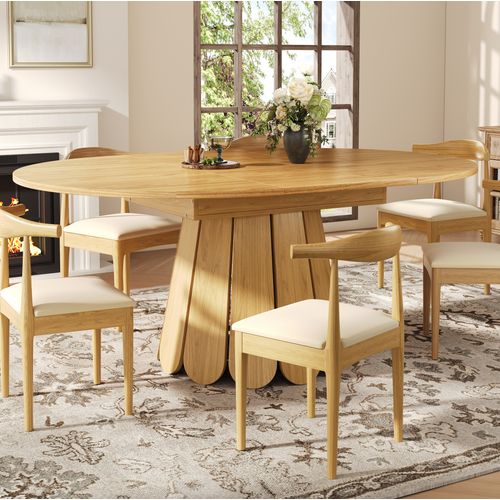Table à Manger Ronde Extensible 118→158 Cm En Mdf, Finition Bois Naturel Vintage, 6 Places