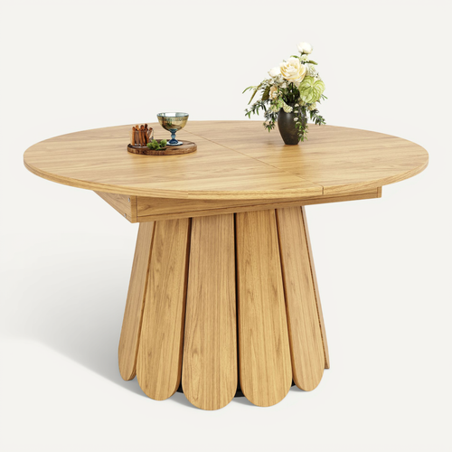 Table à Manger Ronde Extensible 118→158 Cm En Mdf, Finition Bois Naturel Vintage, 6 Places