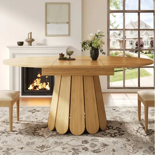 Table à Manger Ronde Extensible 118→158 Cm En Mdf, Finition Bois Naturel Vintage, 6 Places