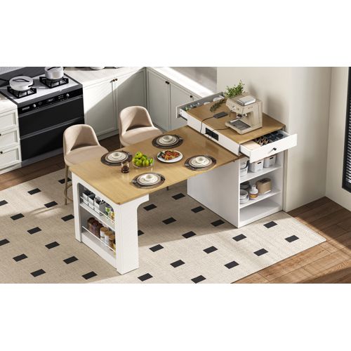 Îlot De Cuisine Extensible 80×71~111~151×92 Cm Blanc Naturel, Table Avec Prises Intégrées