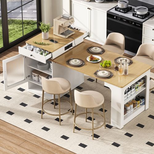 Îlot De Cuisine Extensible 80×71~111~151×92 Cm Blanc Naturel, Table Avec Prises Intégrées