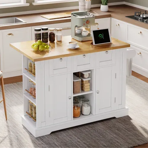 Îlot De Cuisine 132x40(70)x87 Cm Blanc/naturel, Plan Extensible 120x40-120x70 Cm, Prises USB