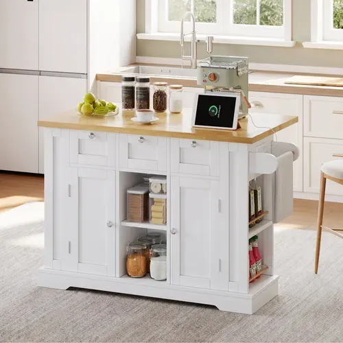 Îlot De Cuisine 132x40(70)x87 Cm Blanc/naturel, Plan Extensible 120x40-120x70 Cm, Prises USB