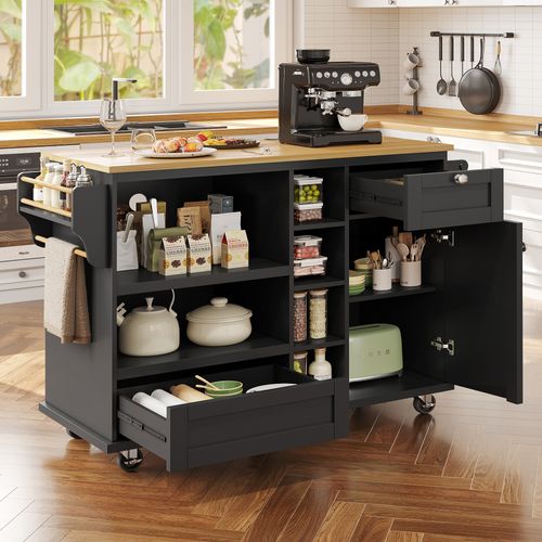 Desserte De Cuisine Mobile 129x46x96 Cm Mdf Noir, Plan De Travail Chêne Clair, Design Moderne