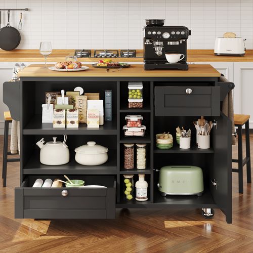 Desserte De Cuisine Mobile 129x46x96 Cm Mdf Noir, Plan De Travail Chêne Clair, Design Moderne