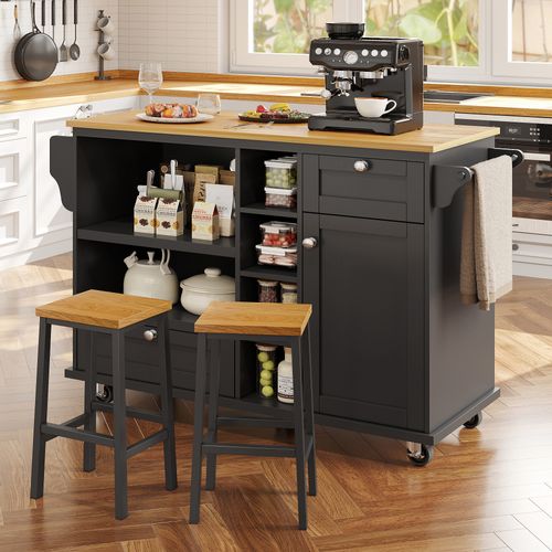 Desserte De Cuisine Mobile 129x46x96 Cm Mdf Noir, Plan De Travail Chêne Clair, Design Moderne
