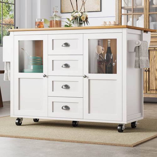 Îlot De Cuisine 137,9x73x92,5 Cm Blanc, Plan Rabattable, 4 Tiroirs, Porte-serviette, Roulettes