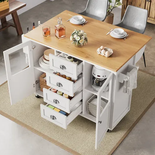 Îlot De Cuisine 137,9x73x92,5 Cm Blanc, Plan Rabattable, 4 Tiroirs, Porte-serviette, Roulettes