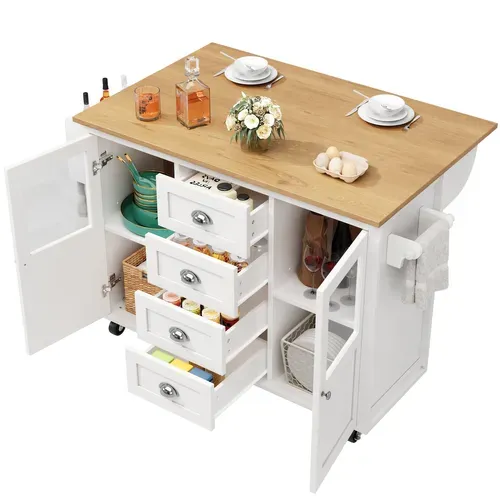 Îlot De Cuisine 137,9x73x92,5 Cm Blanc, Plan Rabattable, 4 Tiroirs, Porte-serviette, Roulettes