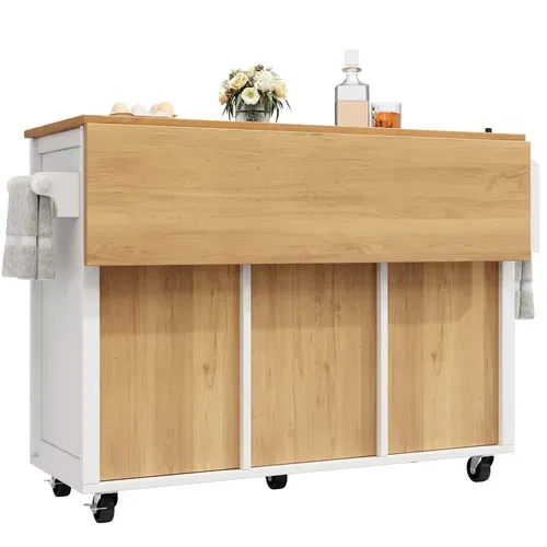 Îlot De Cuisine 137,9x73x92,5 Cm Blanc, Plan Rabattable, 4 Tiroirs, Porte-serviette, Roulettes