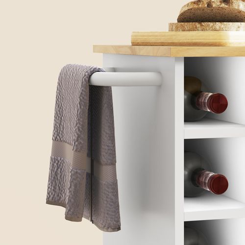 Desserte De Cuisine Chêne Avec Plateau En Bois D'hévéa, 6 Casiers à Vin, Placard Et Roulettes