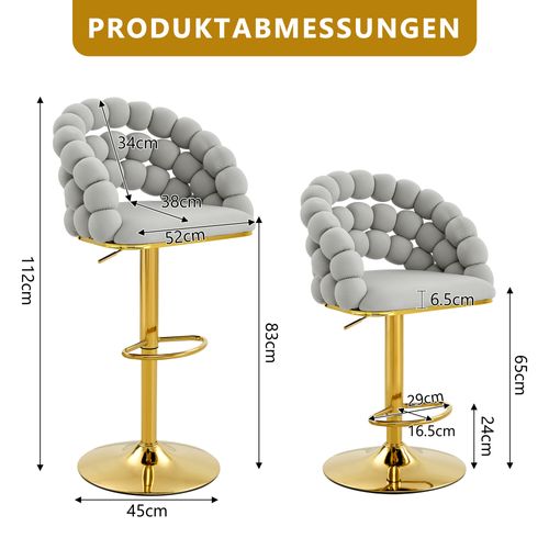 Lot De 2 Tabourets De Bar Gris Clair Velours Réglables 65-112 Cm