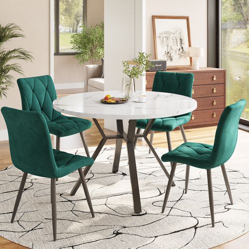 Ensemble Table Ronde 5 Pièces 100 Cm Mdf Marbre Blanc, Pieds Métal Noir Et 4 Chaises Velours Vert