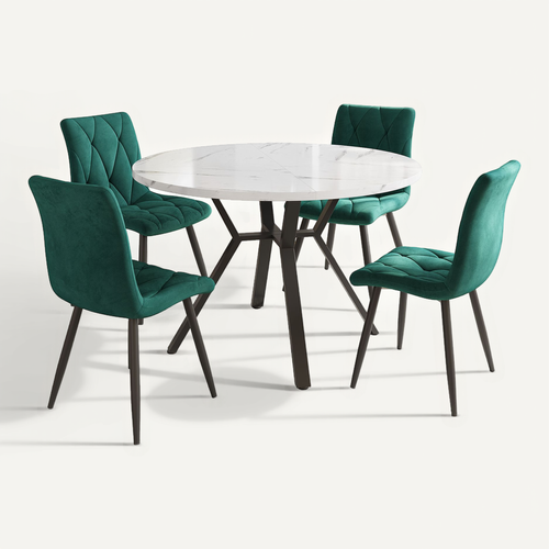 Ensemble Table Ronde 5 Pièces 100 Cm Mdf Marbre Blanc, Pieds Métal Noir Et 4 Chaises Velours Vert
