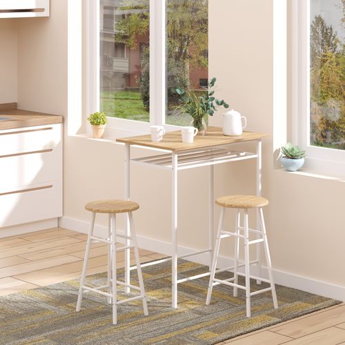 Table haute 80x50x90 cm avec 2 tabourets30x60 cm, style industriel blanc, plateau MDF