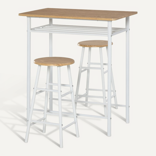 Table haute 80x50x90 cm avec 2 tabourets30x60 cm, style industriel blanc, plateau MDF