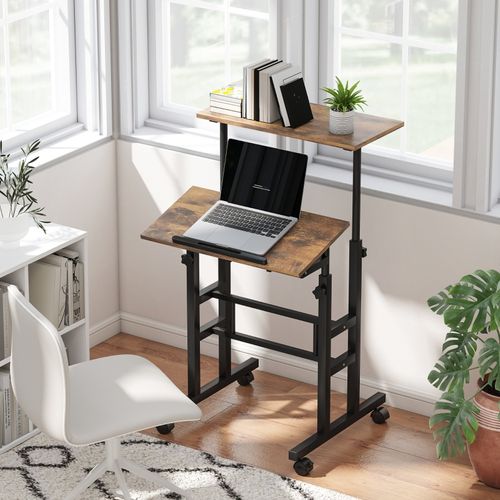 Bureau droit  60x60x70,5-120 Cm En Bois Brun Rustique Avec Plateau Inclinable Et Roulettes