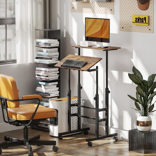 Bureau droit  60x60x70,5-120 Cm En Bois Brun Rustique Avec Plateau Inclinable Et Roulettes