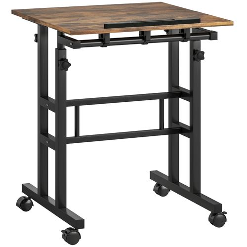 Bureau droit  60x60x70,5-120 Cm En Bois Brun Rustique Avec Plateau Inclinable Et Roulettes