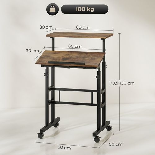 Bureau droit  60x60x70,5-120 Cm En Bois Brun Rustique Avec Plateau Inclinable Et Roulettes