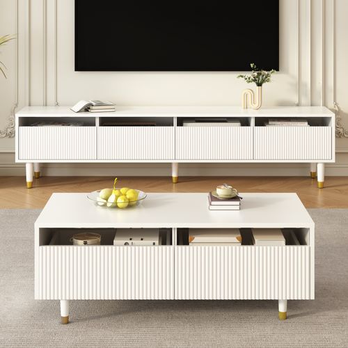 Ensemble Meuble TV 4 Portes Et Table Basse 2 Tiroirs Blanc-or, LED 7 Couleurs, Mdf élégant