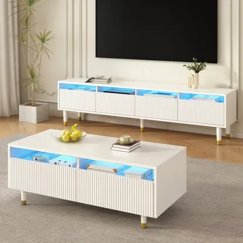 Ensemble Meuble TV 4 Portes Et Table Basse 2 Tiroirs Blanc-or, LED 7 Couleurs, Mdf élégant