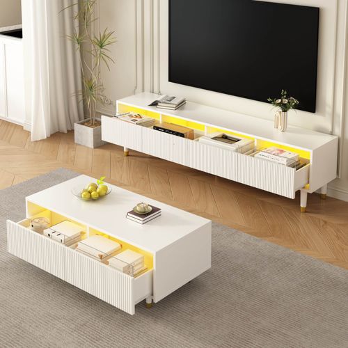 Ensemble Meuble TV 4 Portes Et Table Basse 2 Tiroirs Blanc-or, LED 7 Couleurs, Mdf élégant
