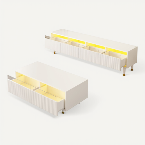 Ensemble Meuble TV 4 Portes Et Table Basse 2 Tiroirs Blanc-or, LED 7 Couleurs, Mdf élégant