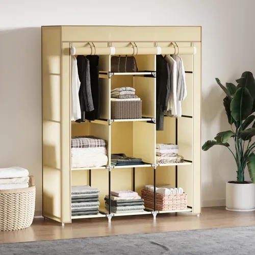 Armoire En Tissu Beige 125x43x162,5 Cm Avec 2 Tringles Et 8 Étagères, Structure Acier