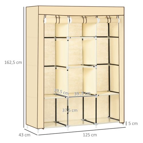 Armoire En Tissu Beige 125x43x162,5 Cm Avec 2 Tringles Et 8 Étagères, Structure Acier