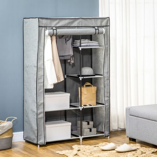 Armoire Textile 103x43x162,5 Cm Grise — 6 Étagères Et Tringle, Housse Non-tissée Zippée