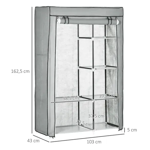 Armoire Textile 103x43x162,5 Cm Grise — 6 Étagères Et Tringle, Housse Non-tissée Zippée