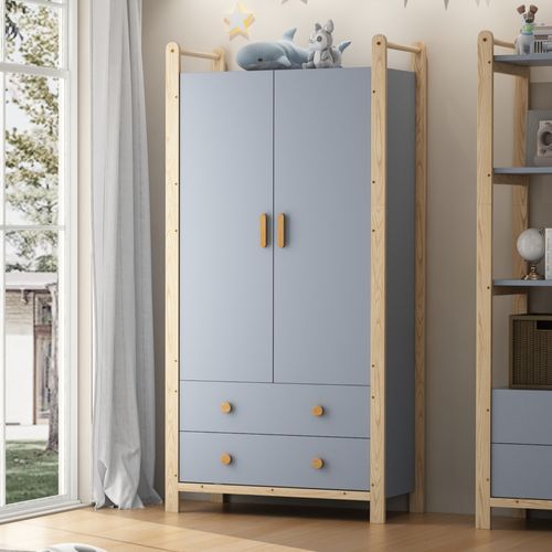 Armoire 89,6x44x180,5 Cm Bleu Et Bois De Pin Khaki – 2 Portes, 2 Tiroirs, Tringle Métal