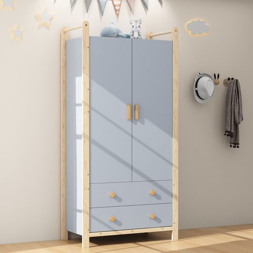 Armoire 89,6x44x180,5 Cm Bleu Et Bois De Pin Khaki – 2 Portes, 2 Tiroirs, Tringle Métal