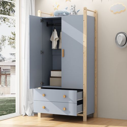 Armoire 89,6x44x180,5 Cm Bleu Et Bois De Pin Khaki – 2 Portes, 2 Tiroirs, Tringle Métal
