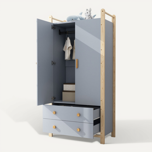 Armoire 89,6x44x180,5 Cm Bleu Et Bois De Pin Khaki – 2 Portes, 2 Tiroirs, Tringle Métal