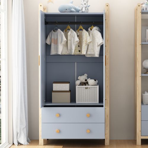 Armoire 89,6x44x180,5 Cm Bleu Et Bois De Pin Khaki – 2 Portes, 2 Tiroirs, Tringle Métal