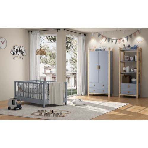 Armoire 89,6x44x180,5 Cm Bleu Et Bois De Pin Khaki – 2 Portes, 2 Tiroirs, Tringle Métal