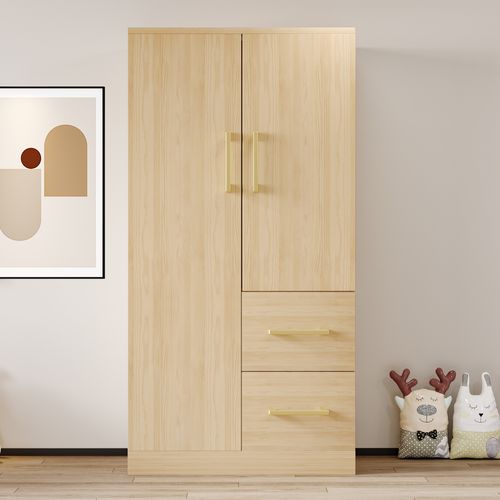 Armoire 70x40x135 Cm En Bois Couleur Naturel, Double Porte, Tiroirs Et Rangement Modulable