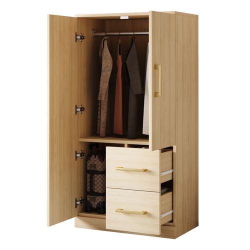 Armoire 70x40x135 Cm En Bois Couleur Naturel, Double Porte, Tiroirs Et Rangement Modulable